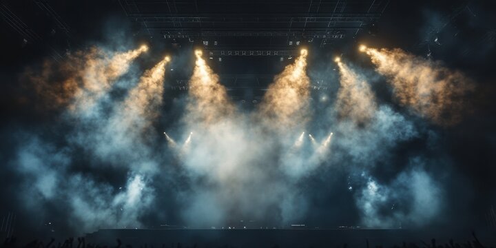 Dynamic plume of radiant smoke billowing upward, intersected by stadium spotlights, showcasing a dramatic and energetic concert scene in a shadowy void