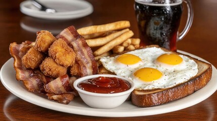 Enjoying a hearty breakfast at Wethersfield with chicken nuggets, crispy bacon, sunny-side-up eggs, and dark beer