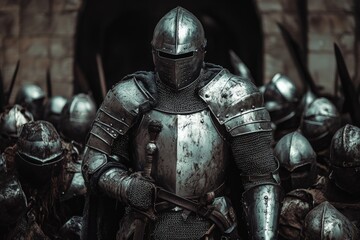Naklejka premium An armored knight leads a fierce infantry charge, embodying leadership and strength. The image conveys a gritty atmosphere filled with determination and battle fervor.