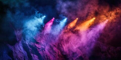 Dynamic plumes of vibrant smoke flowing along a rugged mountain cliff, intersected by concert-grade spotlight beams, fading into a dramatic dark void