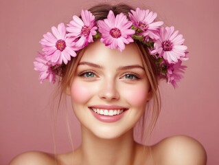 Radiant Glow: Joyful Model Showcasing Skincare and Beauty in Studio Portrait against a Warm Brown Background