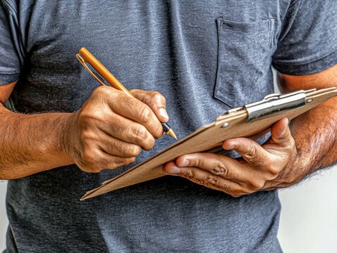 Close-up view of hands holding a clipboard and pen for conducting an interview in a minimalist setting