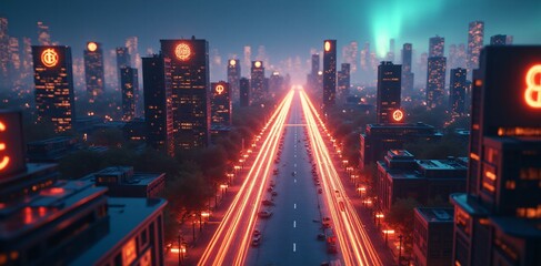 Fototapeta premium An innovative city built on decentralized finance, combining cryptocurrency elements with a vibrant digital reality. The glowing symbols and shifting light trails reflect the dynamic and fluid nature 