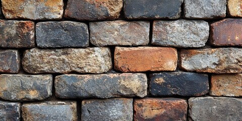 Obraz premium The image showcases a close-up view of stacked, weathered and multi-colored bricks, illustrating an intricate texture and pattern suitable for architectural elements