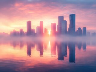 Fototapeta premium A vibrant city skyline at sunrise reflected in calm waters.
