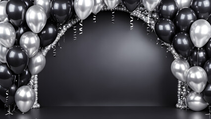 Black and silver balloons with ribbons on black background.