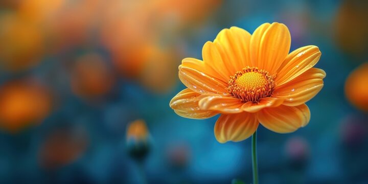 A vibrant close-up of an orange flower with delicate petals and visible dew drops, standing out against a softly blurred background in a serene natural setting