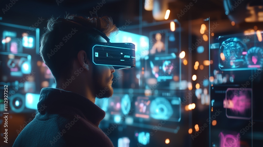 Poster modern virtual reality experience in a high-tech environment with engaging digital interfaces