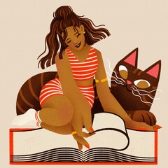 Girl with cat reading