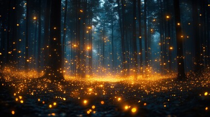 Naklejka premium Enchanting night forest scene with glowing fireflies and fog.