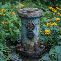 A rusty fire hydrant surrounded by vibrant yellow flowers in a green garden.