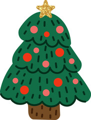 Merry Christmas and Happy New Year 2025! Xmas tree decorated with festive baubles and golden glitter star. Vector illustration for greeting card, postcard, banner, flyer, invitation or background