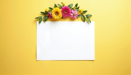 Naklejka premium Blank postcard with floral arrangement on top, bright yellow background for creative design