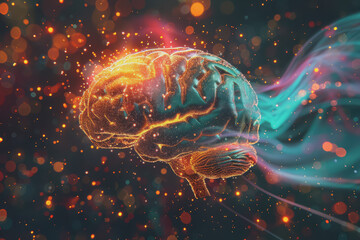 Obraz premium A 3D human brain model glowing with colorful lights is a creative idea.