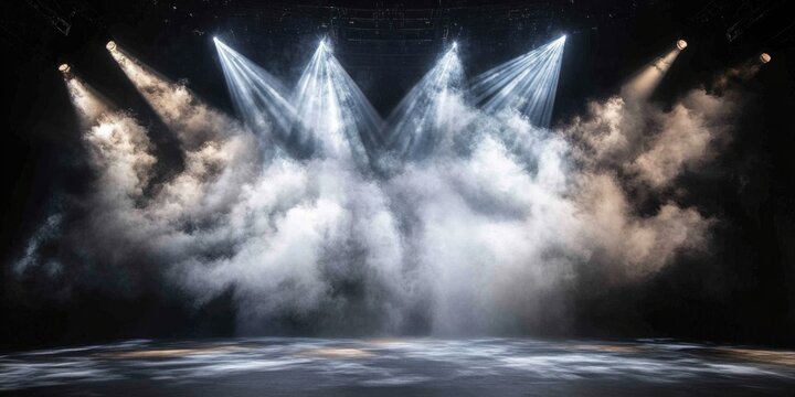 Energetic plume of radiant smoke swirling across an arena stage, illuminated by concert-grade spotlight beams, set against a dramatic, shadowy backdrop