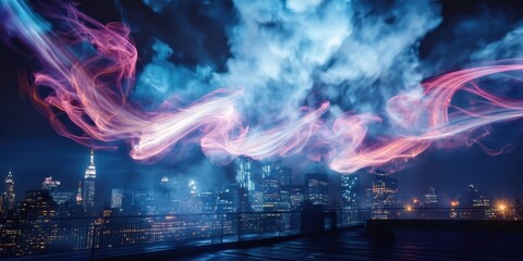 Ethereal, vibrant smoke spirals glowing mid-motion above a rooftop, crisscrossed by a dazzling web of spotlight beams, framed by distant city lights against a dramatic void
