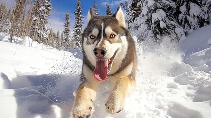 Naklejka premium Husky joyfully sprinting through deep snow in a winter forest