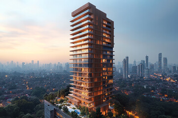 Obraz premium Modern Wooden High Rise Apartment Building Cityscape