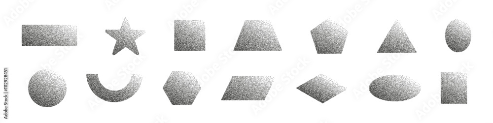 Poster abstract shapes with gradient and grainy noise texture. grunge graphic forms, oval,triangle,square. 