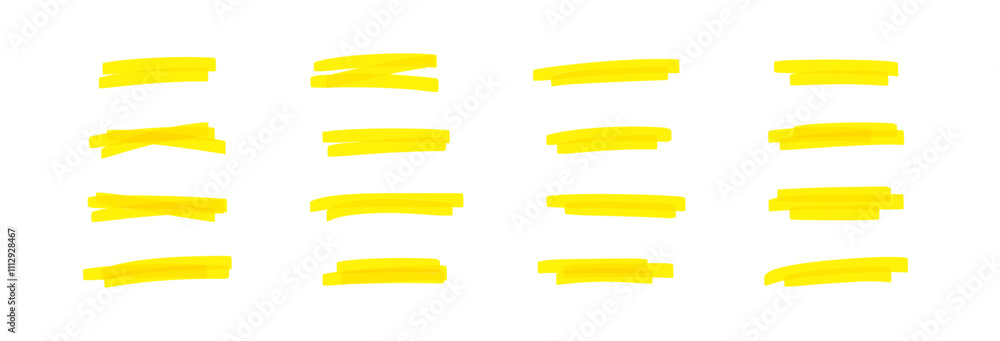 Poster yellow marker strokes set with brush texture for highlighting text. doodle underline or box elements