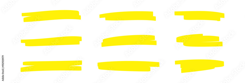 Wall mural yellow marker strokes set with brush texture for highlighting text. doodle underline or box elements