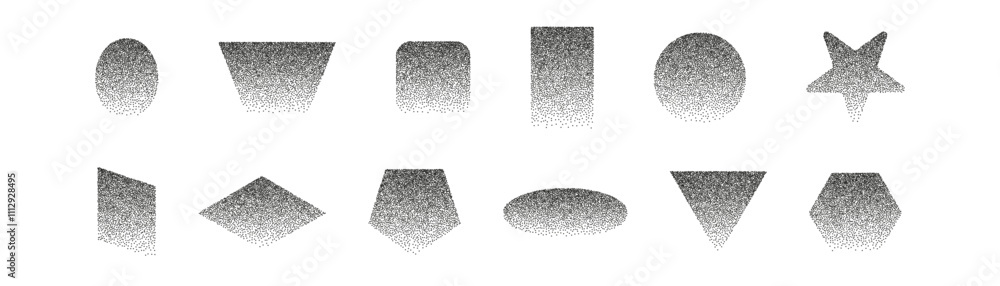 Poster abstract shapes with gradient and grainy noise texture. grunge graphic forms, oval,triangle,square. 