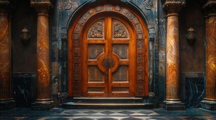 Ornate wooden door in a grand, arched entryway with marble columns and detailed carvings.
