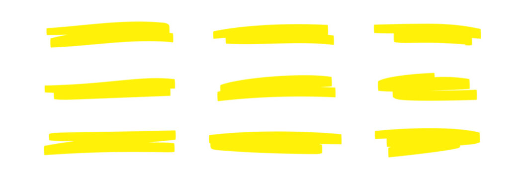 Yellow marker strokes set with brush texture for highlighting text. Doodle underline or box elements. Flat vector illustration isolated on white background.