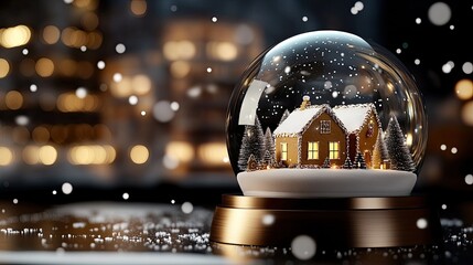 A charming snow globe features a gingerbread house surrounded by festive decorations, while snowflakes gently fall in a cozy, warm-lit setting.