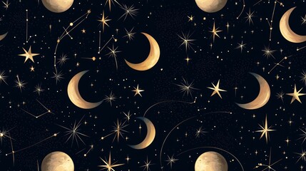 Fototapeta premium Celestial Night Sky Seamless Pattern with Moons and Stars