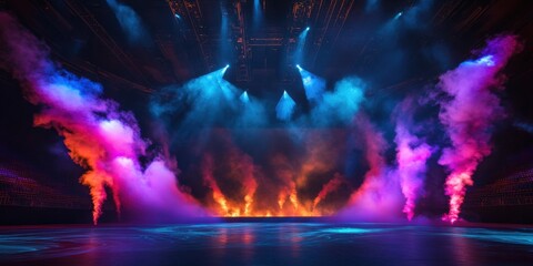 Fototapeta premium Immense arena stage draped in swirling plumes of colorful smoke, bathed in the glow of crisscrossing light beams, enveloped by a dramatic dark void backdrop