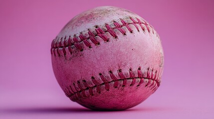 Close-up of a well-used, pink baseball with red stitching against a pink background.