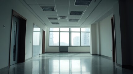 Fototapeta premium Vacant Workspace: Contemporary Indoor Office with Modern Design and Abundant Light