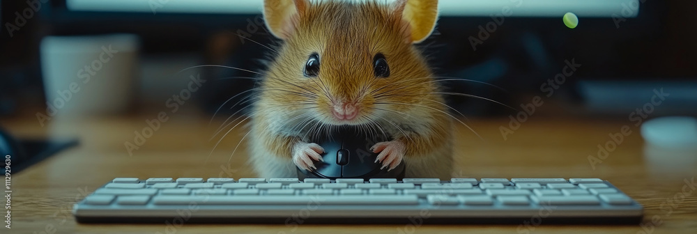 Poster a tiny rodent sits at a wooden desk holding a mouse while looking at a glowing computer screen. its 
