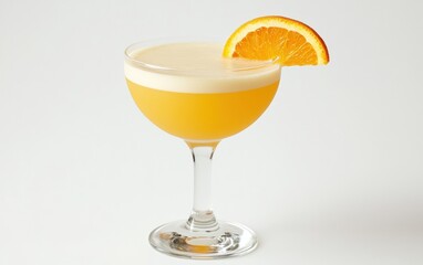 Glass of Orange Juice A glass of freshly squeezed orange juice with pulp visible, topped with a small orange wedge on the rim, on a clean white background.