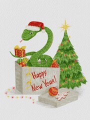 New Year’s illustration, greeting card in a hand drawn style with Christmas tree and snake in a box with Christmas decorations, holding a gift on its tail