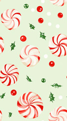 Christmas peppermint, candies in repeating pattern on mint green background. Seamless.