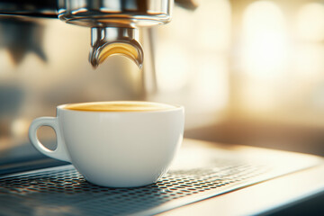 A white coffee cup is being poured into a coffee maker