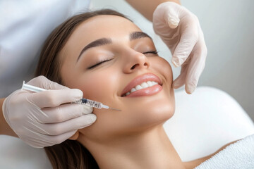 Beautiful lady at the beautician cabinet, woman receiving anti wrinkle injections on cheekbone. Women's cosmetology in the beauty salon
