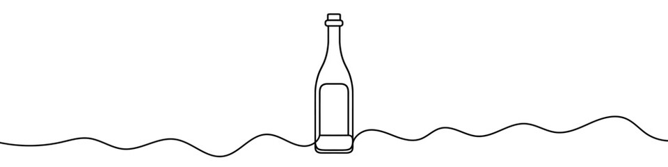 One continuous line illustration of a bottle of wine, isolated on white background. Line art of bottle of wine