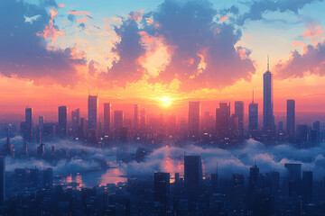 Cityscape Sunset Over Skyscrapers In A Misty City