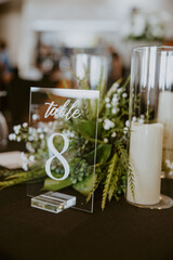 Wedding reception decor table number and candles