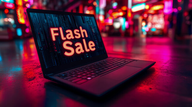 A laptop showcases a compelling flash sale advertisement amidst glowing neon lights in a lively city at night, attracting attention - Powered by Adobe