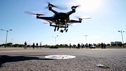 Slow-motion of a delivery drone landing on a designated drop zone marked on the ground.�