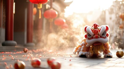 Vibrant lion dance in traditional festival with red lanterns