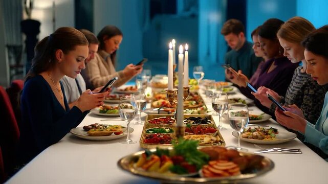 Dinner Table with Distracted Guests Focused on Phones