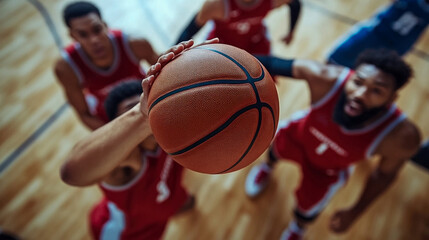 Players in red jerseys compete energetically for control of a basketball during a tense moment in the game on a wooden court