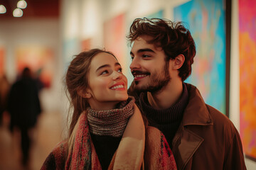 Naklejka premium Couple enjoys a romantic afternoon exploring local art galleries together