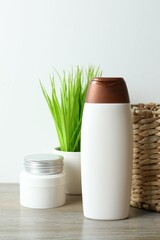 Cosmetic bottles on the table. Personal hygiene products 