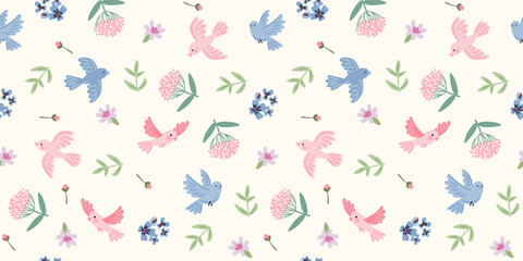 Delicate floral seamless pattern with cute birds. Vector design for paper, cover, fabric, interior decor and other